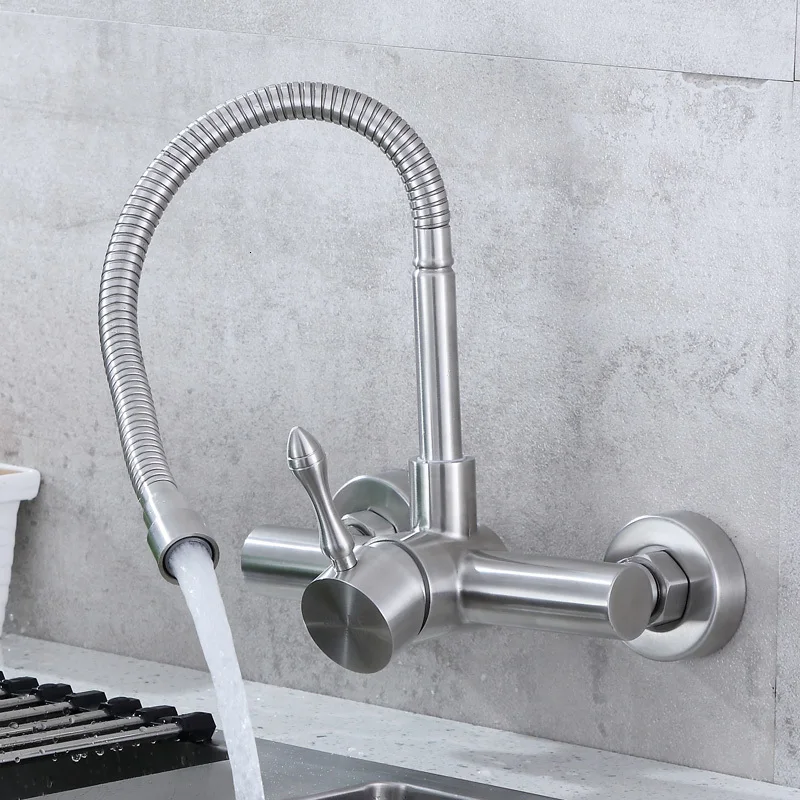 

Kitchen washing basin, balcony 304 stainless steel wall universal rotary hot and cold mixer sprinkler water tap sink faucet