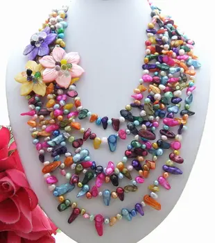 

N060501 6Strands Shell Pearl&Crystal&Shell Flower Necklace