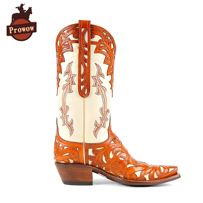 Prowow women western cowboy boots genuine leather designer handmade fretwork patchwork high heels corral mid-calf ladies | Обувь