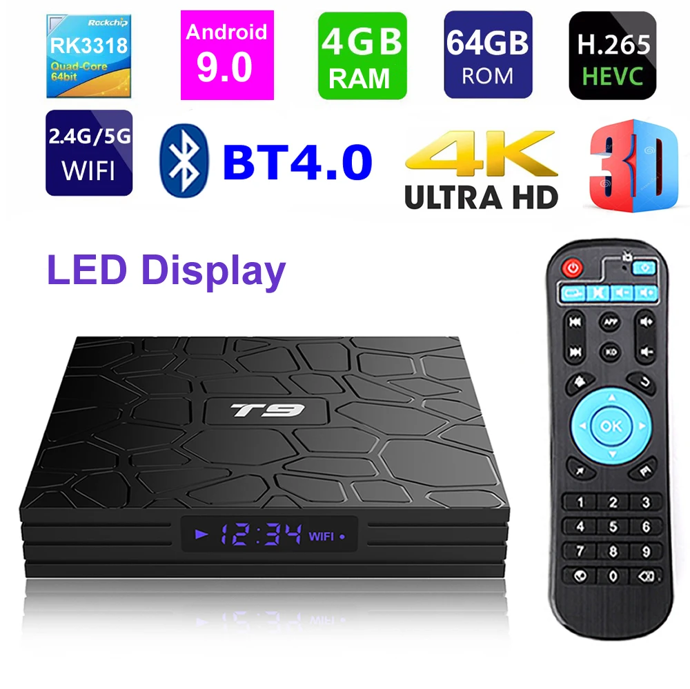 T9 Android 9.0 Smart TV BOX RK3318 Quad core 4GB Ram 64G Rom Digital Display 2.4G/5G Dual WIFI Blue - 4000233739411