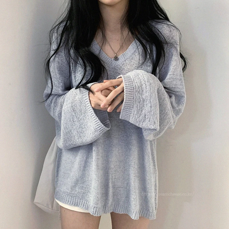 GOOHOJIO 2020 New Oversize V-neck Knit Pullovers Women Outwear Chic Solide Color Tops Sweater Autumn | Женская одежда