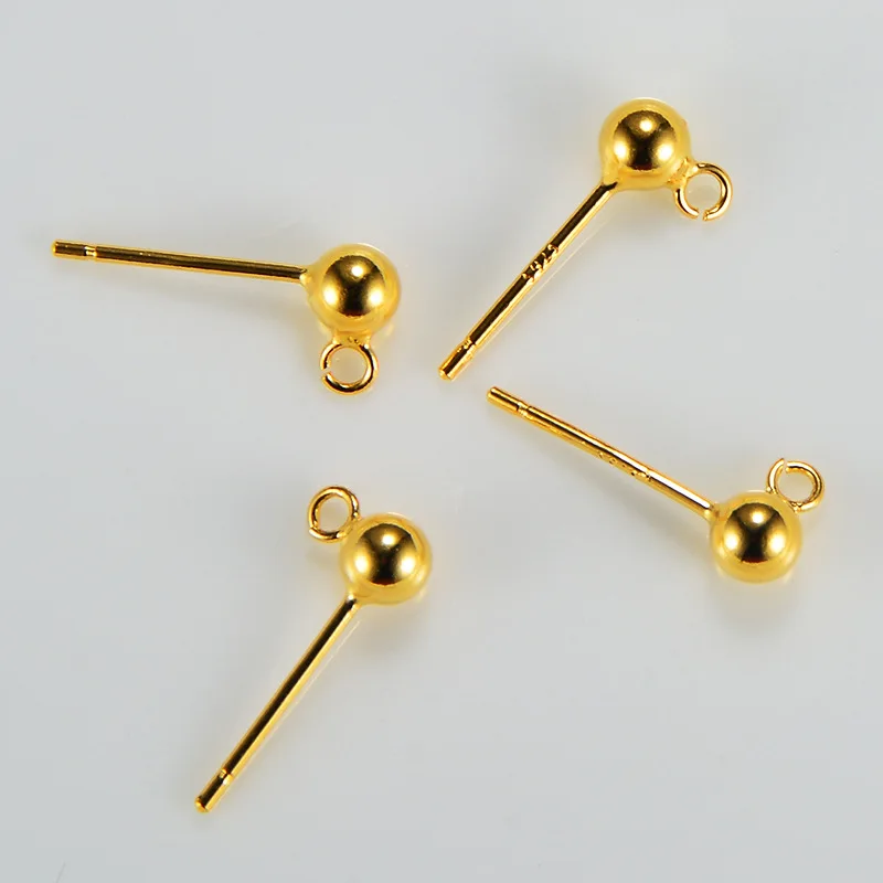 Серьги из стерлингового серебра S925, аксессуары, сделай сам, горох с кольцом, круглые бусины, Ушная игла, серьги, позолоченные серьги-гвоздики