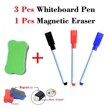 

3 Pcs Whiteboard Water Color Pens Marker Pens 1 Pcs Dry Wipe Eraser White Board Water-based Pen School Office Watercolor Pen