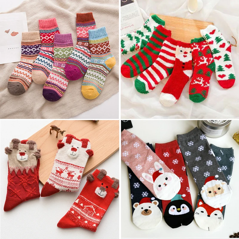 

Winter Christmas Socks New Year Keep Warm Christmas Gift Short Socks Snowflake Deer Comfortable Sokken Calcetines Mujer 2/1Pair