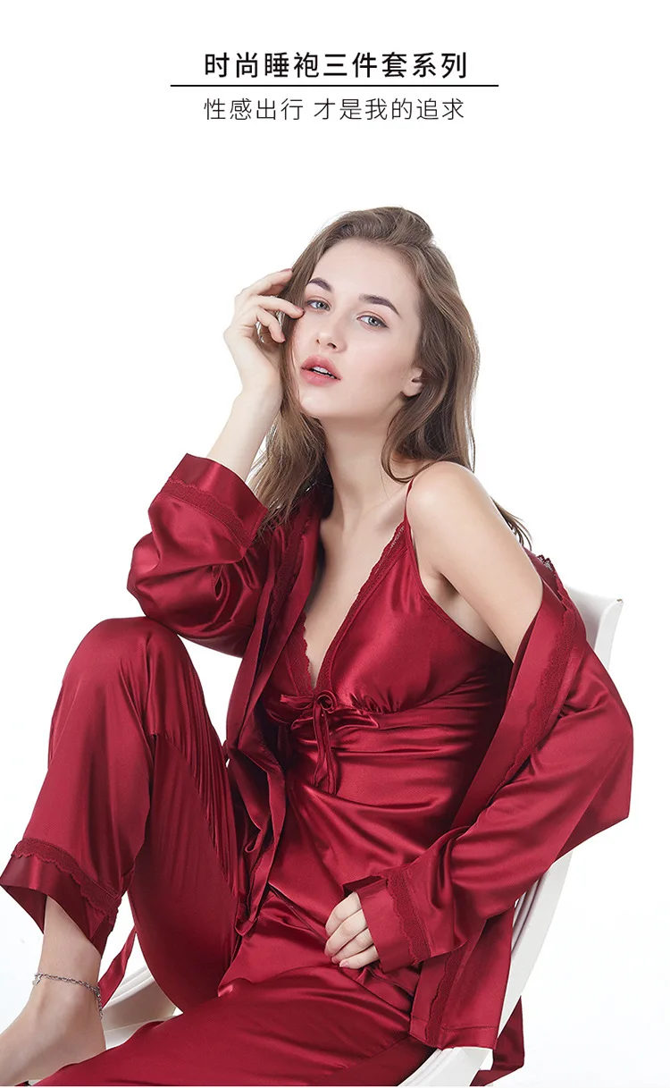 Freeshippingpromotion шелковые пижамы Для женщин халат костюм из трех предметов костюм Для женщин с кружевной полоской и головной повязкой рубашки ползунки; одежда для сна