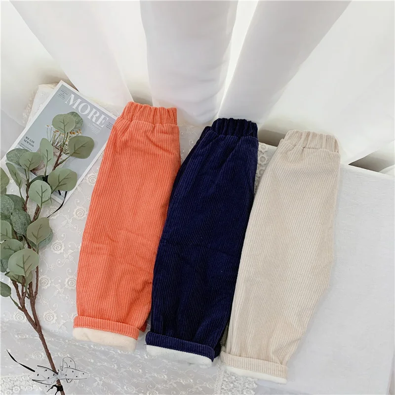 Повседневные зимние вельветовые длинные штаны для маленьких девочек; коллекция года; теплые брюки; Детские плотные длинные брюки; S10208