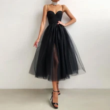 

Black Sweetheart Evening Dresses for Ladies Party Sleeveless A Line with Fluffy Tulle 2022 Tea Length Robe De Soirée Femme