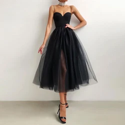 Black Sweetheart Evening Dresses for Ladies Party Sleeveless A Line with Fluffy Tulle 2022 Tea Length Robe De Soirée Femme