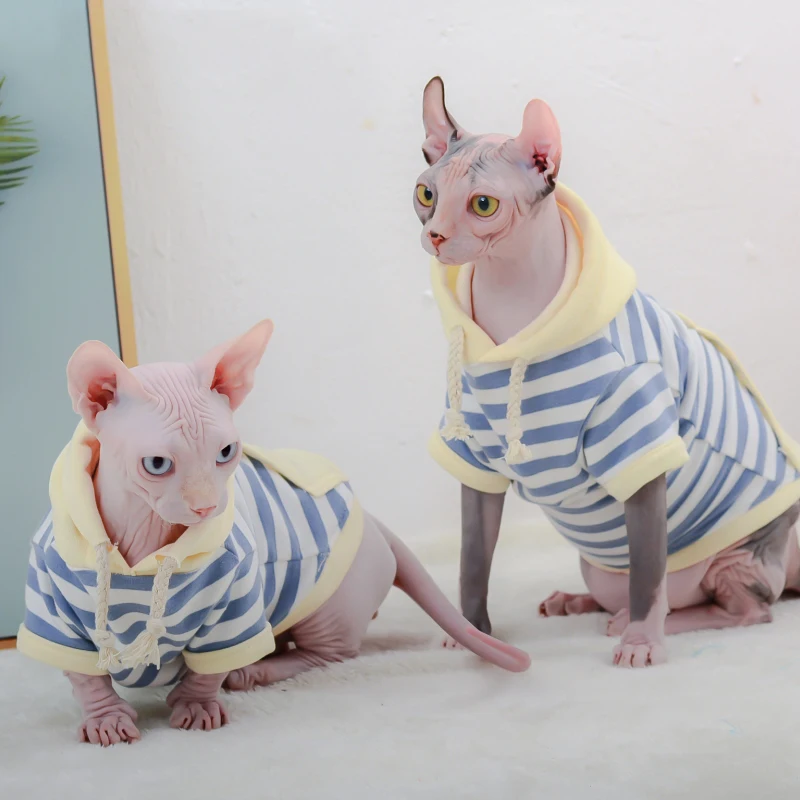 스트라이프 고양이 옷 겨울 따뜻한 코튼 새끼 고양이 후드 티 소프트 스핑크스 의상 스핑크스 고양이 자켓 코트 작은 중형 개 고양이