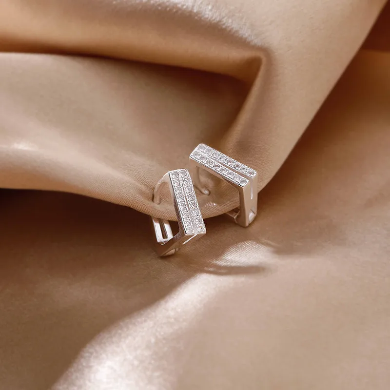 925 Sterling Silver Piercing Double Row Crystal Sqaure Charm Hoop Earring For Women Wedding Earing Jewelry Accessories eh313