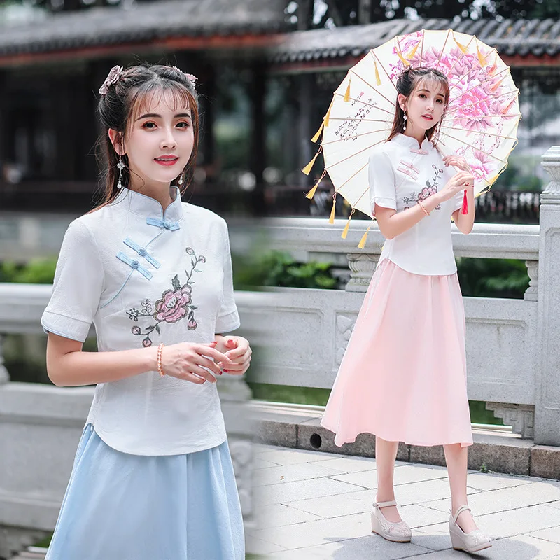 

2019 Summer New Style Ethnic-Style Retro Literature And Art Hipster Tops + Skirt Set