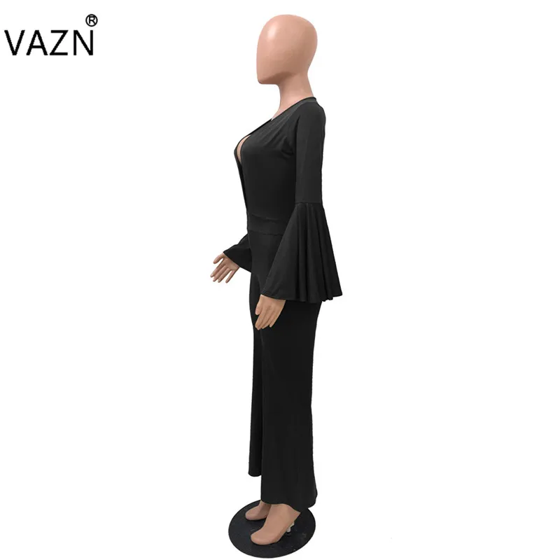 VAZN FM1125 Новые комбинезоны Yong Lady Of Note пикантные офисные модные однотонные с открытым глубоким v-образным вырезом и длинными рукавами женские тонкие ботинки комбинезон с вырезами