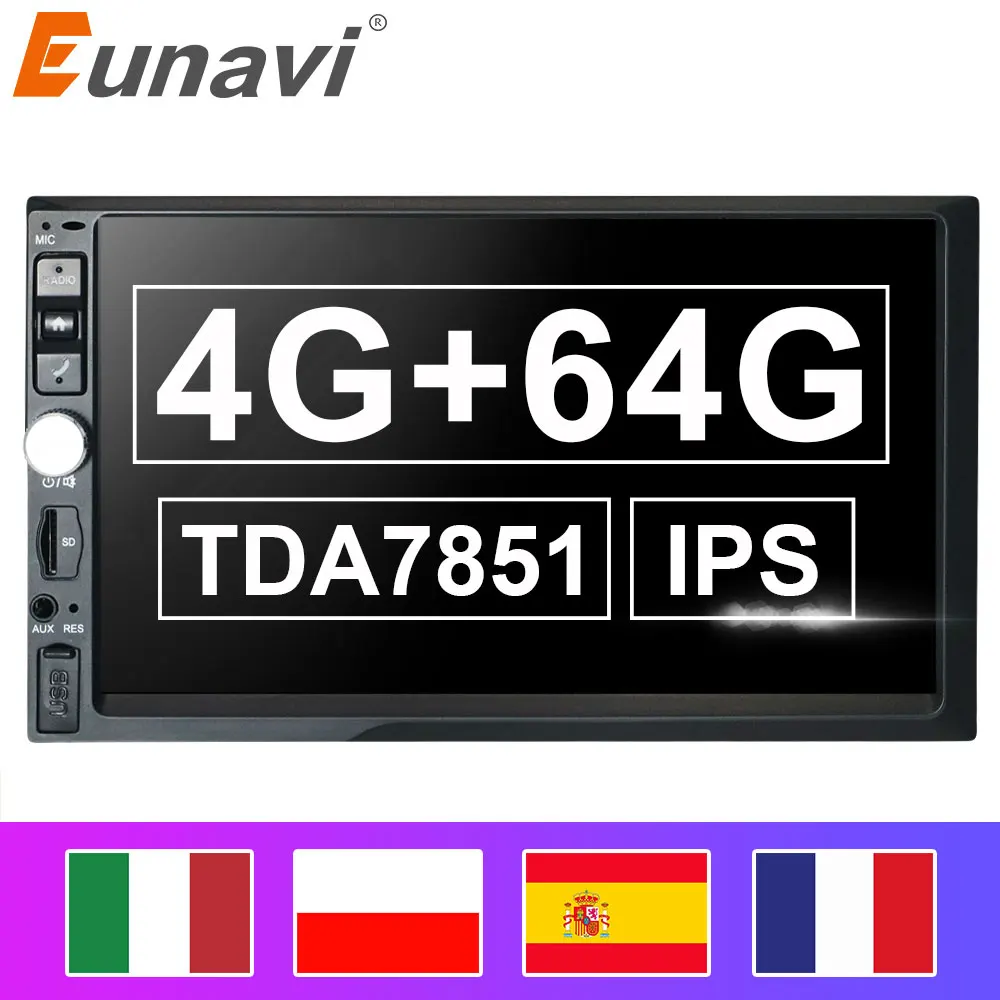 Eunavi 2 Din IPS Universal Android 9.0 4GB 64GB Car Multimedia Radio Stereo GPS Headunit 1024*600 Touch Screen WIFI RDS NO DVD