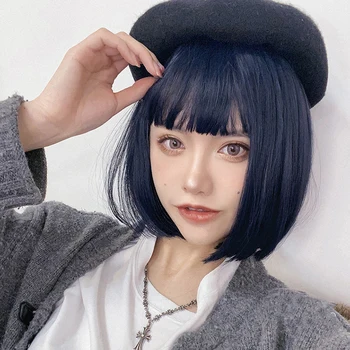 

BUQI Synthetic 11inch Straight Short Bob Wigs Bangs Blue Female Heat Resistant American Fashion Cosplay Lolita Party Wig