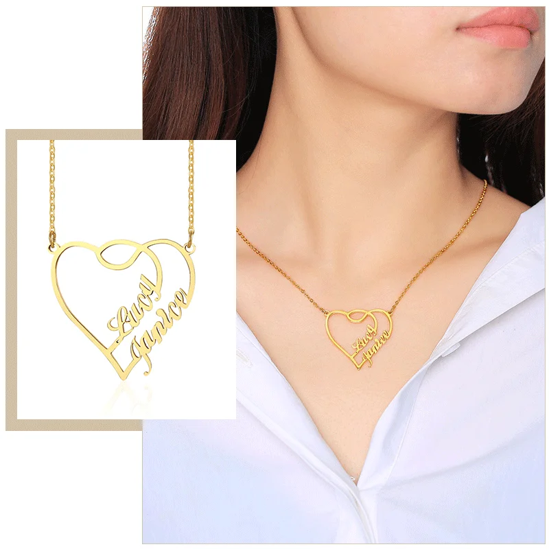Персонализированные ожерелья с подвеской в виде сердца двумя именами для женщин