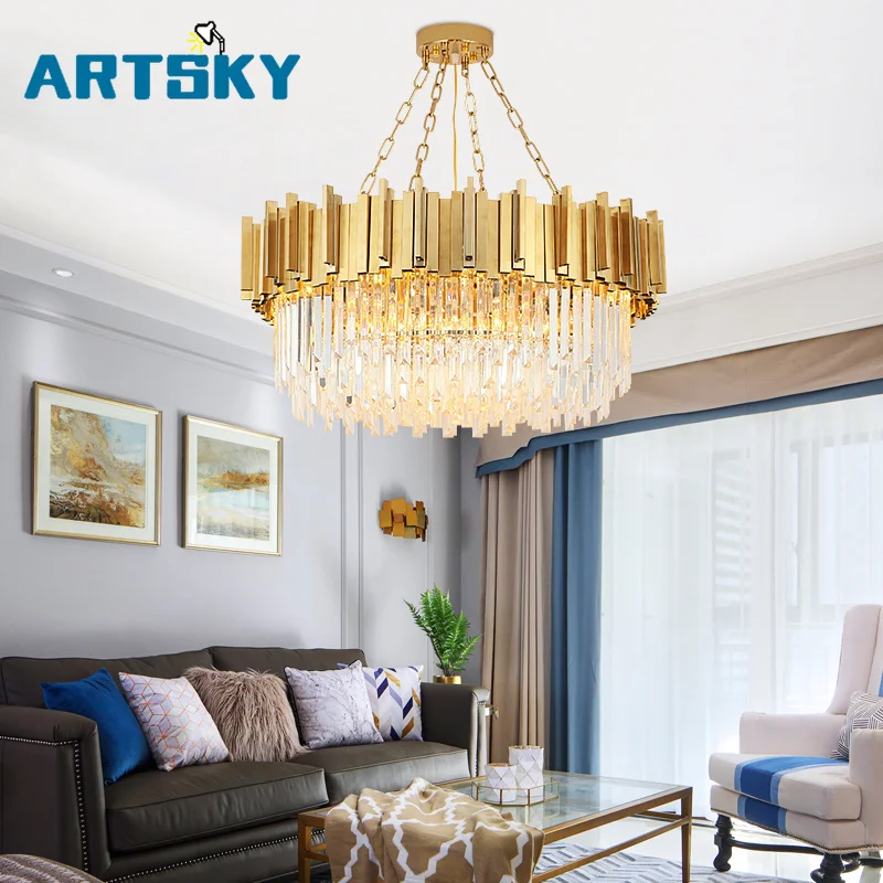 

Modern Round Crystal Chandelier Stainless Steel Chain for Living Room Bedroom Hotel
