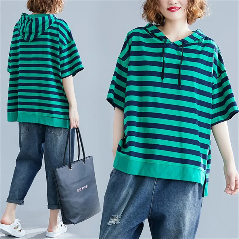 

Large size women's summer wear stripe with cap T-shirt women's short sleeves loose western casual versatile shirt T-shirt