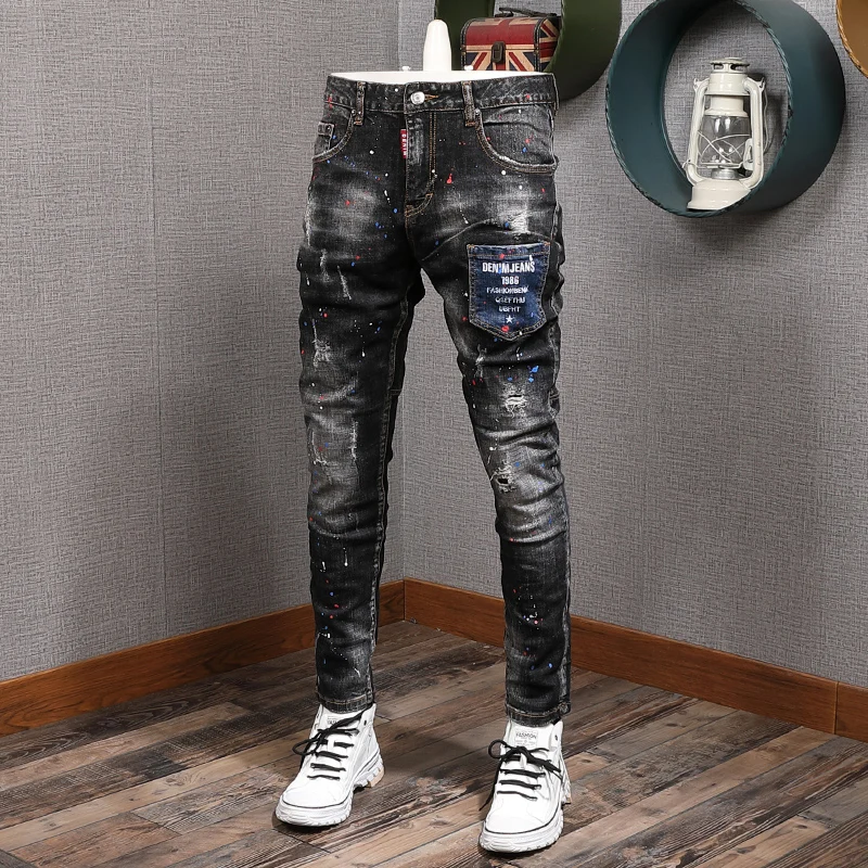 

Newly Designer Fashion Men Jeans Italian Vintage Painted Retro Ripped Denim Pants Streetwear Elastic Slim Fit Hip Hop Trousers