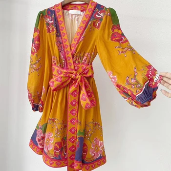 

Women's New Style Linen Long-Sleeved V-Neck Fashion Wrap Dress
