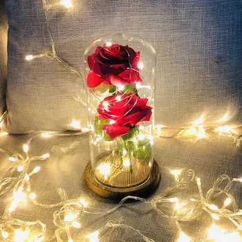 

2019 New Eternal Rose Flower With Dome Glass with 2 pieces Rose Artificial Flower Gift For New Year Valentines Day Mother's Day