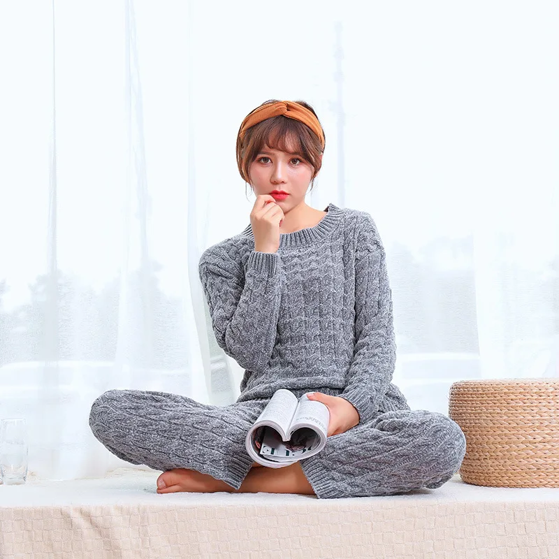 

Korean-style Japanese-style Soft Linen Flower Color Knitted Fabric Casual Autumn And Winter Women Pajamas Tracksuit Sweet Cute W