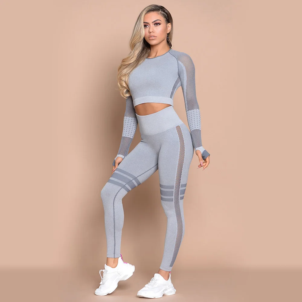 light blue set Набор для йоги женские бесшовные Легинсы штаны для йоги тренажерного зала Высокая Талия Леггинсы Брюки Спортивная одежда Фитнес рубашка супер стрейч - Цвет: light blue set