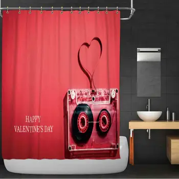 

Valentines Day Card Bathroom Decor Set,Audio Cassette with Magnetic Tape in Shape of Heart on red Background with Hooks,72''W x