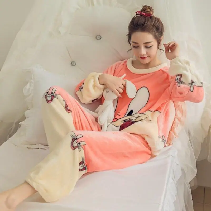 Пижама женская плотная фланелевая теплая женская зимняя пижама с длинным рукавом, длинные брюки, пижама из двух предметов, Фланелевая пижама с животными - Цвет: V