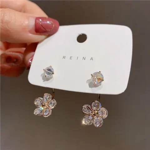 Korea Sweet Cute Flower Crystal Temperament Geometric Shiny Zircon Earrings Statement Earrings for Women Girl Pendientes