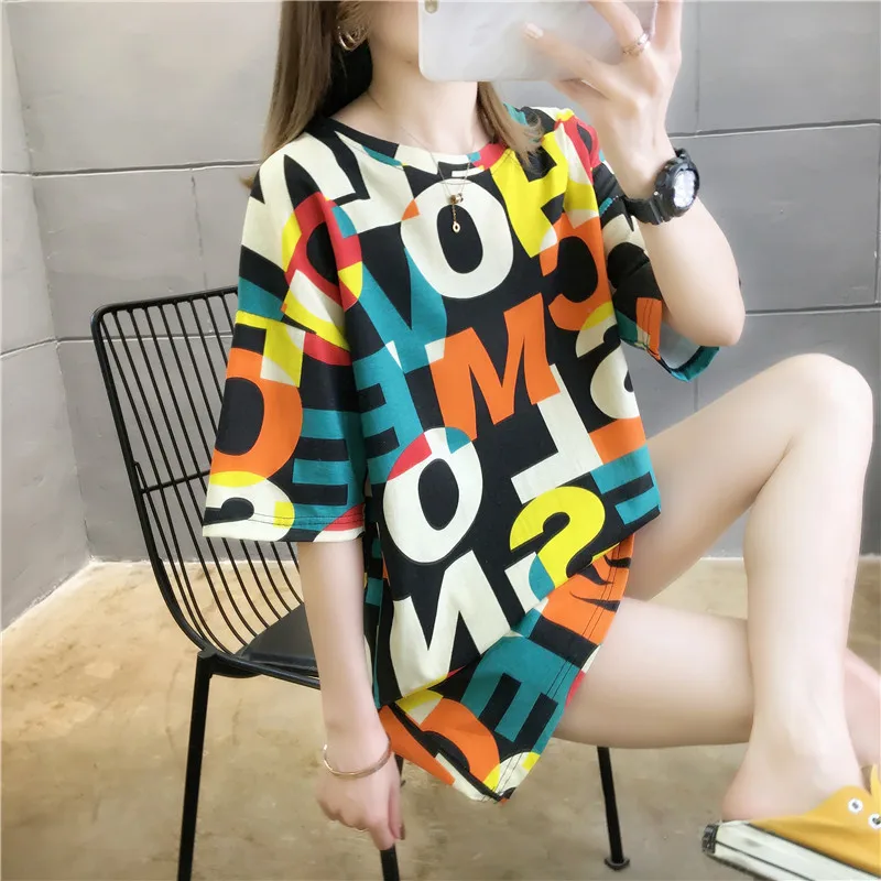 

Ymwmhu Fashion Trend Women's Tshirt Multi-color Letter Printed Summer Loose Tops Streetwear Oversize T-shirt Korean Clothes