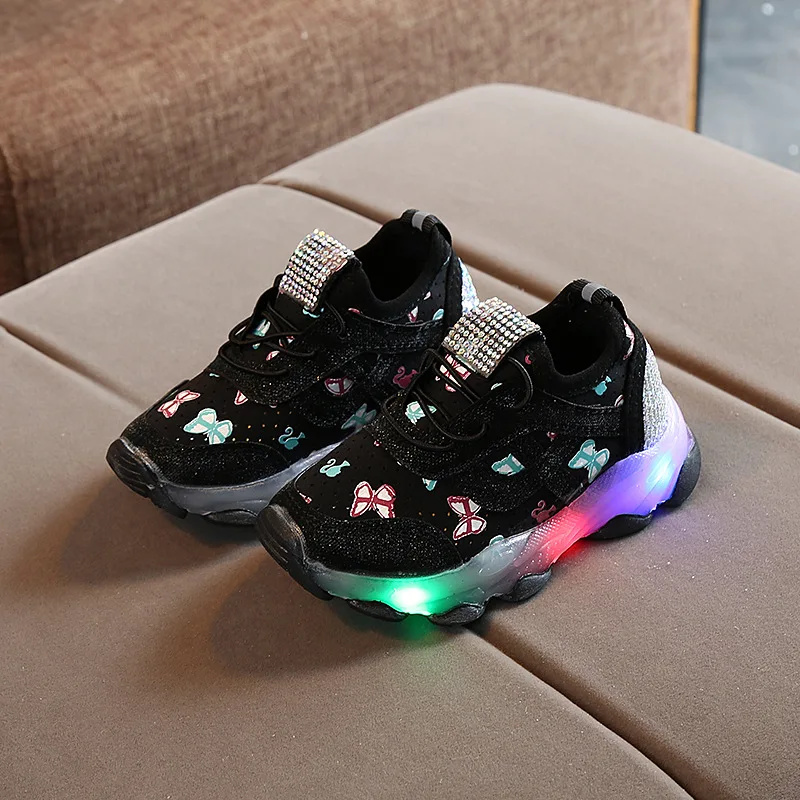 Детская светящаяся Повседневная дышащая Спортивная обувь со стразами и бабочкой детские кроссовки для девочек - Цвет: Черный