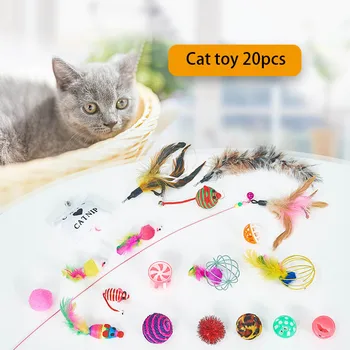

20Pcs/Set Cat Toy Pet Wire Feather Toy Fun Bell Ball Mice Shape Kitten Cat Interactive Pet Supplies Super Value Combine Toys