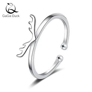 

New Simple Popular Sweet Antler Women 925 Sterling Silver Fashion Jewelry Personality Cute Animal Deer Opening Rings R412