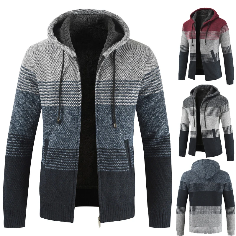 Винтажный вязаный свитер, пальто, зимний толстый теплый кардиган с капюшоном, одежда в полоску, Casaco Masculino, флисовые куртки на молнии - Цвет: 63 Gray
