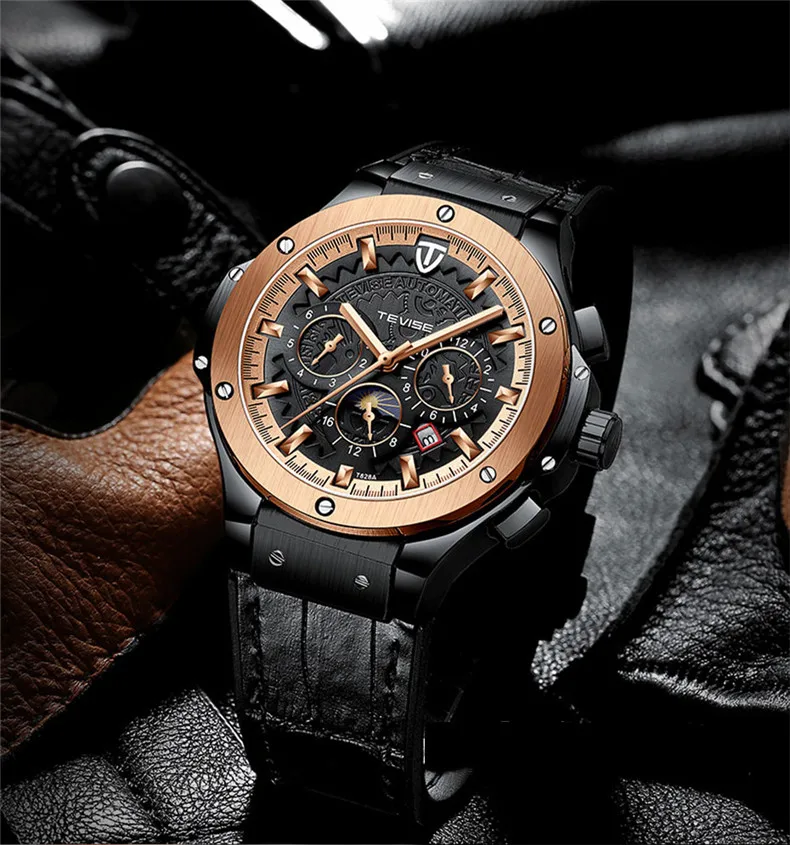 New Fashion Luxury Brand Sports Men Black Rose Gold Watches Men's Military Waterproof Leather Automatic Mechanical Watch Male