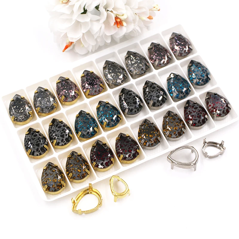 

New arrivals 10x14mm 13x18mm Teardrop shape Glass Crystal sewing hollow base rhinestones Copper rust black series for clothing
