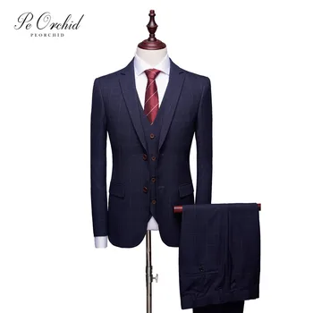 

PEORCHID Navy Blue Men Wedding Suit Traje Hombre Slim Fit Stylish Men Office Formal Suit Work Wear 3 Piece Best Man Groom Tuxedo