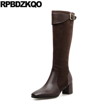 

retro square toe casual luxury brand shoes women knee high fur winter brown autumn tall boots long genuine leather chunky fall