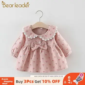 

Bear Leader Baby Girl Clothes 2020 Newborn Baby Autumn Cute Dress Kids Solid Cherry Print Dresses with Bowknot Princess Dress