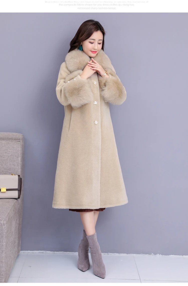 Бежевый Women winter faux fox fur collar warm artificial sheep fur cashmere fabric medium long coat casacos abrigos plus size MLXLXXL4XL - Цвет: Бежевый