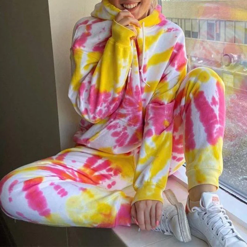 Autumn Tie dye Printed Jogging Suits for Women Two Pieces Tracksuit Sets Hoodies 2 piece Casual Front Pocket Female Sweatsuit Autumn Tie dye Printed Jogging Suits for Women Two Pieces Tracksuit Sets Hoodies 2 piece Casual Front Pocket Female Sweatsuit