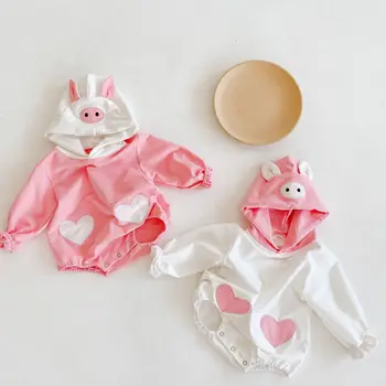 

2020 Spring Autumn Clothes Baby Boys Girls Cartoon Pig Bodysuit Cute Love Embroidery Jumpsuit Infant Flexible Bodysuits Outfits