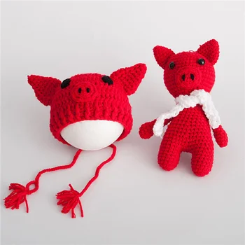 

2PCS/Set Newborn Photography Prop Crochet Pig Baby Hat Doll Kit Handmade Infant Props New Born Photo Shoot Prop