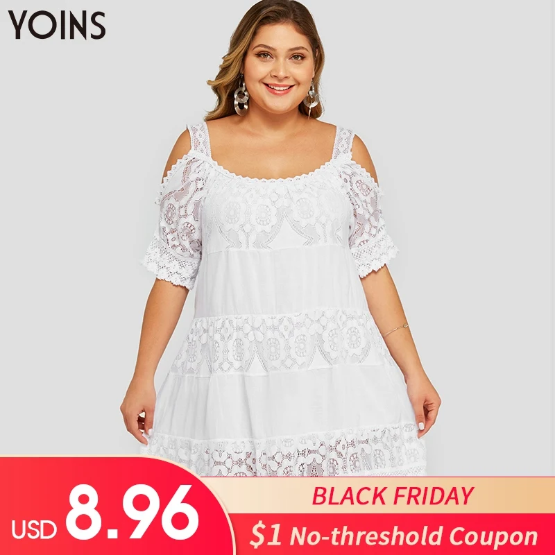 

YOINS Women Hollow Cold Shoulder Crochet Lace Sheer Half Sleeve Dress 2019 Elegant Mini Dresses White Plus Size Spring Summer