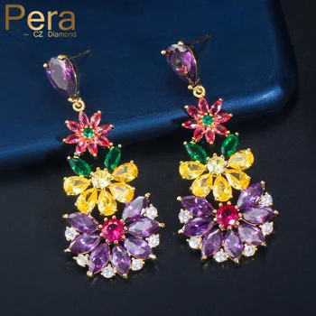 

Pera Elegant Red Yellow Purple Crystal Topaz 925 Silver Pin Long Big Flower Drop Dangle Earrings for Women Designer Jewelry E517