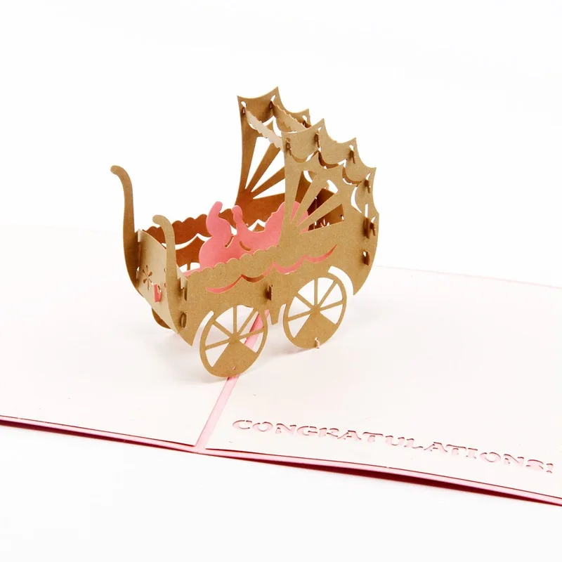  10pcs 15.5*13cm 3D stroller baby carriage Mother's Day Thanksgiving Day Birthday laser cut invitati - 4000346758440