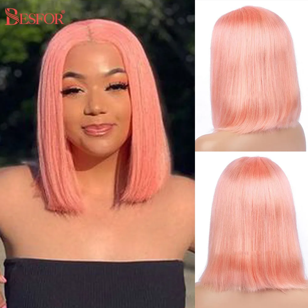Pelucas de cabello humano sin encaje para mujeres negras, color rosa, hecha a máquina, completa, Bob, corto, sedoso, recto, medio, extremos completos sin procesar