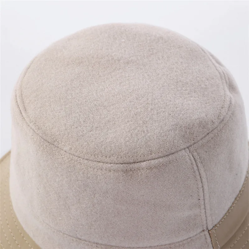 USPOP New fashion hats for winter women bucket hats flat top wide brim bucket hats patchwork PU brim wool hats