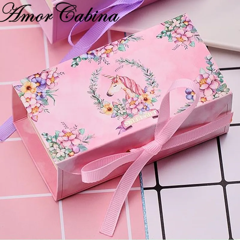 

Cartoon Unicorn Party Candy box Paper Chocolate Cake Box Cookie Candy Nuts gift Box DIY Wedding Gift Packing Box with ribbon