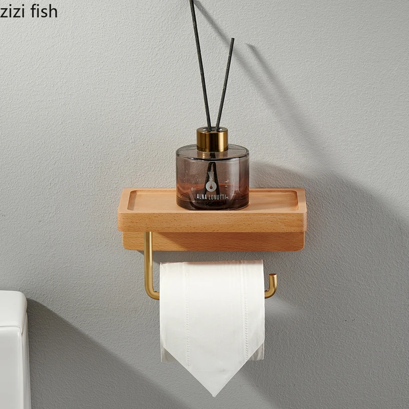 Toilet Roll Holder Brass Wood Napkin Holder Tissue Box Toilet Paper Holders Home Wall-mounted Storage Rack Paper Towel